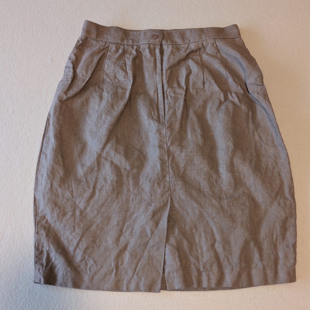 Vintage Finity Taupe Linen Pleated Knee Length Skirt Size 12 Small Natural Eco
